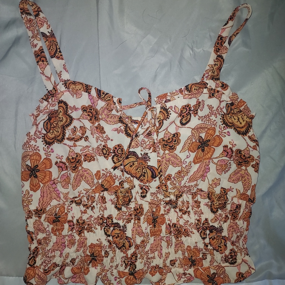 Sienna Sky Floral Lace-Up Tank Top - Orange and Brown